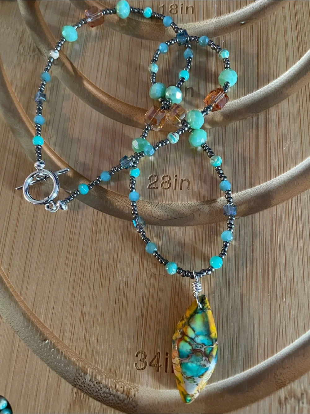 Handcrafted Green & Turquoise Beaded Necklace with Amber Accent Earrings